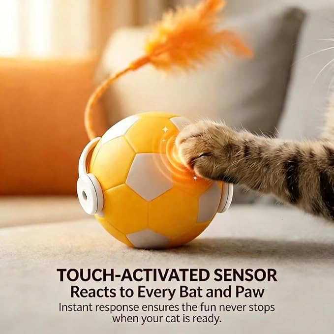 XRG Interactive Cat Toys for Indoor Cats, Automatic Moving Cat Ball Toy with Mesh Tail & Feather, Motion Activated Kitten Toy for Bored Adult Cats, Two Metal Bells, Low Noise Design(Yellow and Orange)