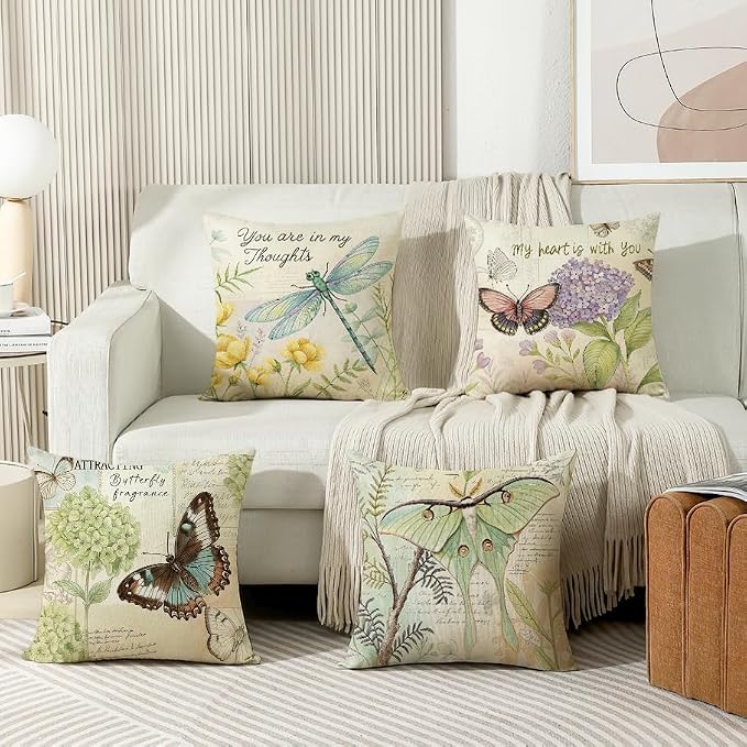 wyooxoo Throw Pillow Covers 20x20 Set of 4 Spring Summer Pillow Covers Linen Flower Butterfly Farmhouse Pillowcases for Sofa Couch Living Room Outdoor