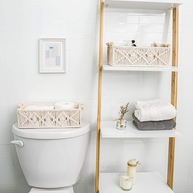 Mkono 2Pc Macrame Storage Basket, Boho Decor Toilet Paper Holder, Ivory | Small Baskets for Organizing, Hand-Woven, Bohemian Beach Coastal Decor, Shelf Vanity Cabinet Bedroom Living Room Office Dorm