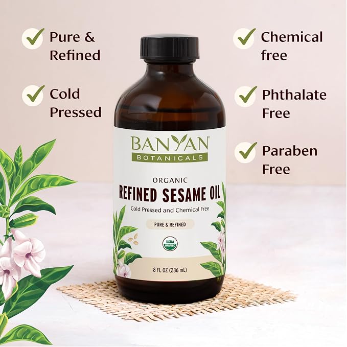 Banyan Botanicals Organic Refined Sesame Oil – Premium Ayurvedic Massage Oil for Body & Skin – Light & Mild Scented Warming Oil for Abhyanga Self-Massage – 16 oz – USDA Organic