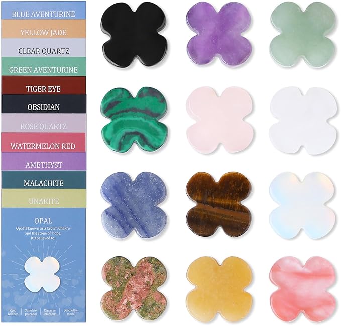 DUQGUHO Four Leaf Clover Crystals Healing Crystals and Stones St. Patrick's Day Gifts 12PCS 0.9 Inch