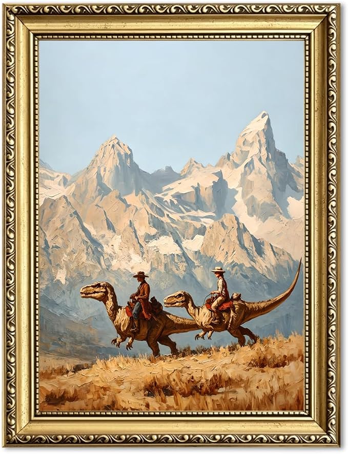 Gold Framed Dinosaur Cowboy Wall Art, Funny Western Cowboy Wall Decor Painting Vintage Southwestern Jurassic Canvas Prints Picture for Living Room Bedroom Farmhouse 16x24 Inch