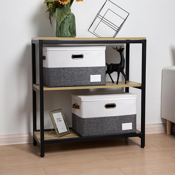 Foldable Storage Bins with Lids [3-Pack] Fabric Collapsible Storage Boxes Baskets Cubes Containers with Handles for Closet Living Room Bedroom (Grey & White 17.7x11.8x11.8'')