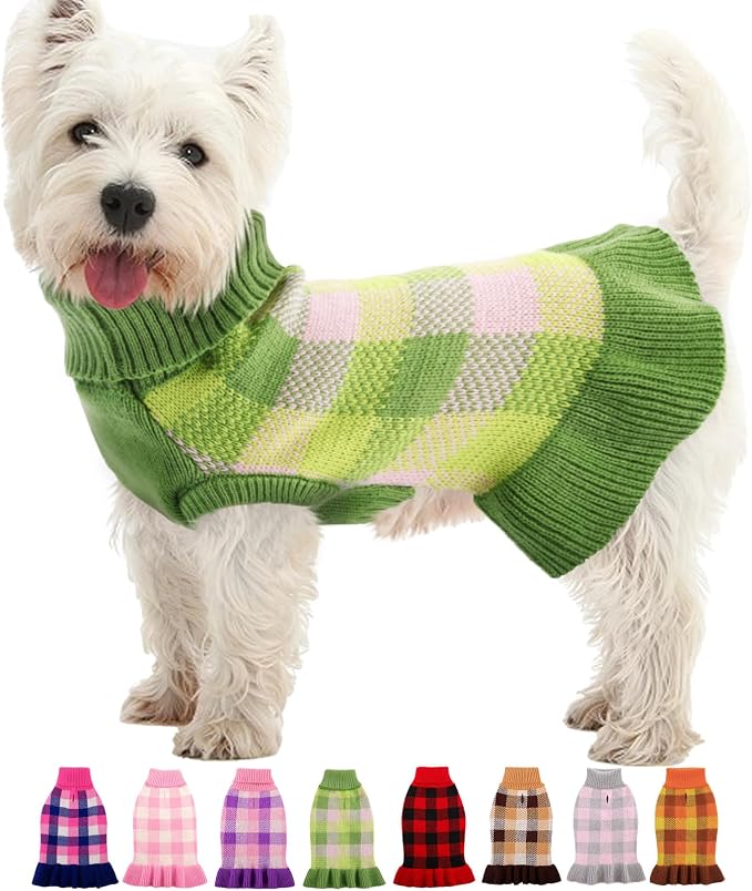 Dog Sweater Dress Plaid Knitwear for Small Medium Dogs Warm Puppy Pet Turtleneck Stretch Pullover Cute Fall Winter Vest Clothes with Leash Hole for Christmas (Green, 2XS)
