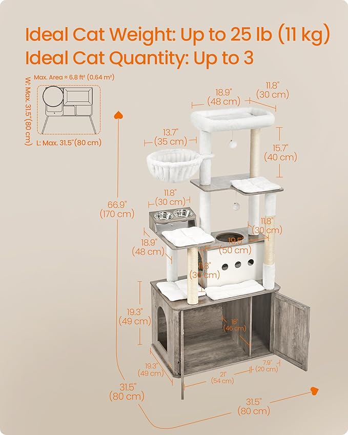 Feandrea Cat Tree, 66.9-Inch Cat Tower with Litter Box Enclosure, Large Condo with Food Station, Storage, Scratching Posts, Cave, Hammock, Washable Cushions, Heather Greige UPCT169K02 | Large Condo with Food Station, Storage, Scratching Posts, Cave, Ha...