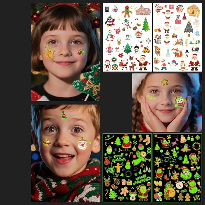 Christmas Temporary Tattoos Glow in the Dark Face Stickers Luminous Snowman Tattoos Mixed Styles Elk Christmas Tree Eye Fake Tattoos Cute Waterproof Stickers for Girls Body Art Makeup 4 Sheets