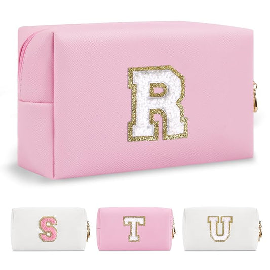 Personalized Initial A-Z Preppy Patch Makeup Bag,Small PU Chenille Letter Cosmetic Bag with Zipper for Teen Girls,Pink Cute Toiletry Organizer Bag,Monogram Makeup Case Gift for Women Girls,Letter R