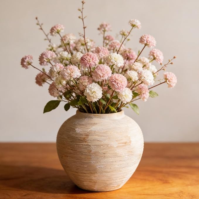 Rustic Ceramic Vintage Farmhouse Vase for Decor (Large Ribbed Beige) | Textured Vase Home Decor, 8.8 in Decorative Terracotta Round Bowl vase for Living Room, Table, Shelf, Kichen Décor