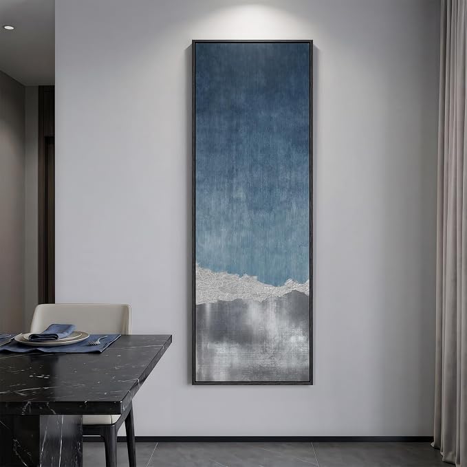 Large Framed Blue Gray Landscape Abstract Wall Art, Long Vertical 20x60 In | Blue grey paintings, Canvas prints, Modern artwork, Tall narrow pictures, Wall decor for hallway living room bedroom dining