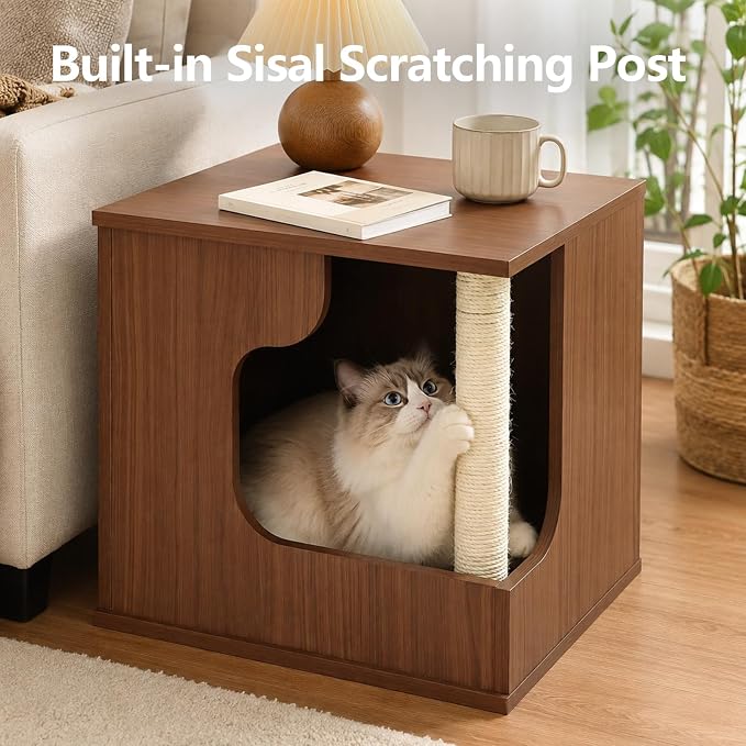 Cat Side Table with Cat Scratching Posts,Cat House with Storage for Living Room | Multi‑Purpose Cat Hideaway Furniture with Sisal Scratching Post, Cat Cave Bed for Indoor Cats, Human‑Pet Shared Table