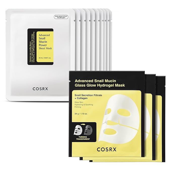 COSRX Snail Mucin Sheet Mask 10EA + Hydrogel Collagen Mask 3EA- Self Care, Stocking Stuffers, Travel Essentials, Gifts for Women, Face Masks for Dry Skin, Korean Skin Care