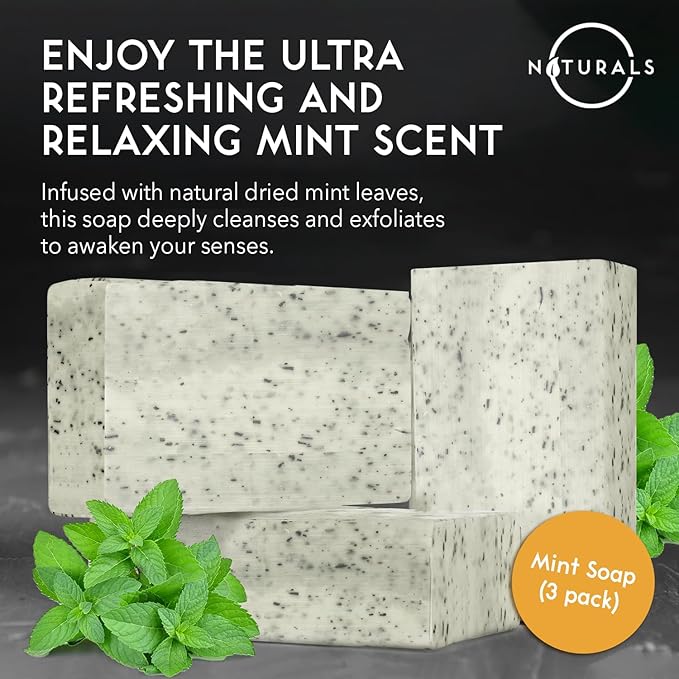 O NATURALS 7.76 oz (3PC) Exfoliating Soap Bar with Dry Mint Leaves - Medium Grit Mens Soap - All Natural Exfoliation Bar Soap for Men - Mint Bar Soap - Face Soap Bar - Moisturizing Mens Face Bar Soap
