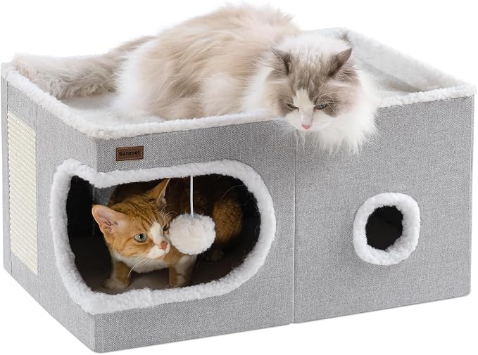 Garnpet Cat Bed for Indoor Cats Cube House, Covered Cat Cave Beds & Furniture with Scratch Pad and Hideaway Tent, Cute Modern Cat Condo for Multi Small Pet Large Kitten Kitty, Large, Grey
