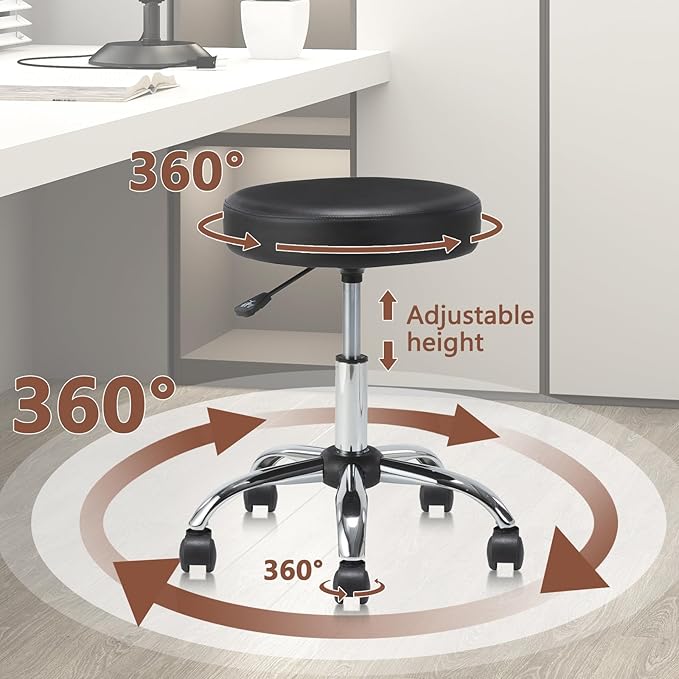 Round Rolling Stool Swivel with Wheels Adjustable Height Seat 19.7"D x 19.7"W x 22"H Multi-Purpose Heavy Duty Wide Seat Drafting Stool Chair for Office Salon Massage Spa Medical Tattoo Beauty