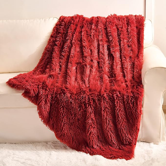 YUSOKI Long Faux Fur Throw Blanket, Red,50" x 60" | Ultra Soft, Lightweight for All Season Use, stays fluffy after repeated washes, Perfect Gifts, Machine Washable