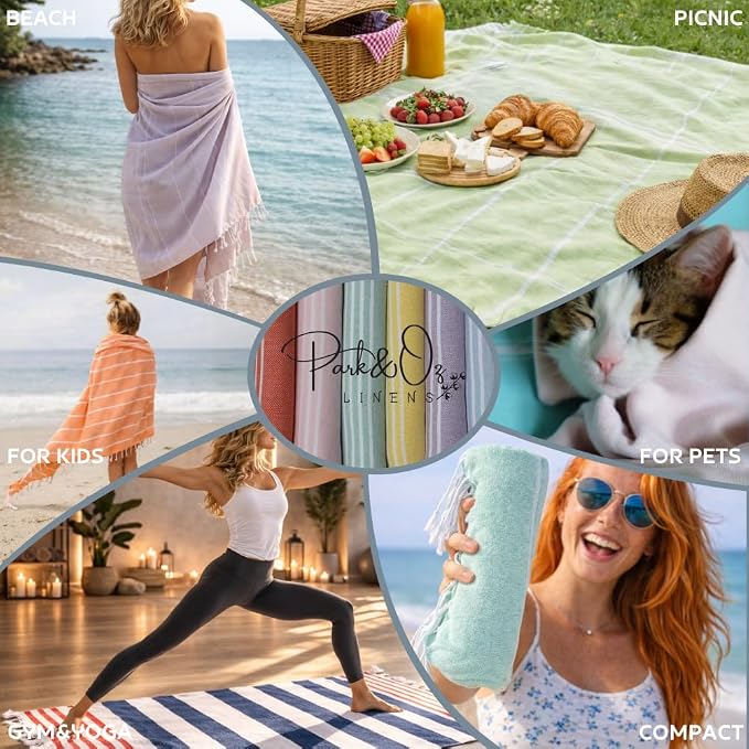 PARK & OZ Turkish Beach Towel – Oversized 100% Cotton Quick-Dry & Sand-Free Blanket 72x40 – Ultra-Absorbent, Lightweight & Compact Pool Towel for Beach, Travel, Spa, Gym, Camping & Home (Teal)