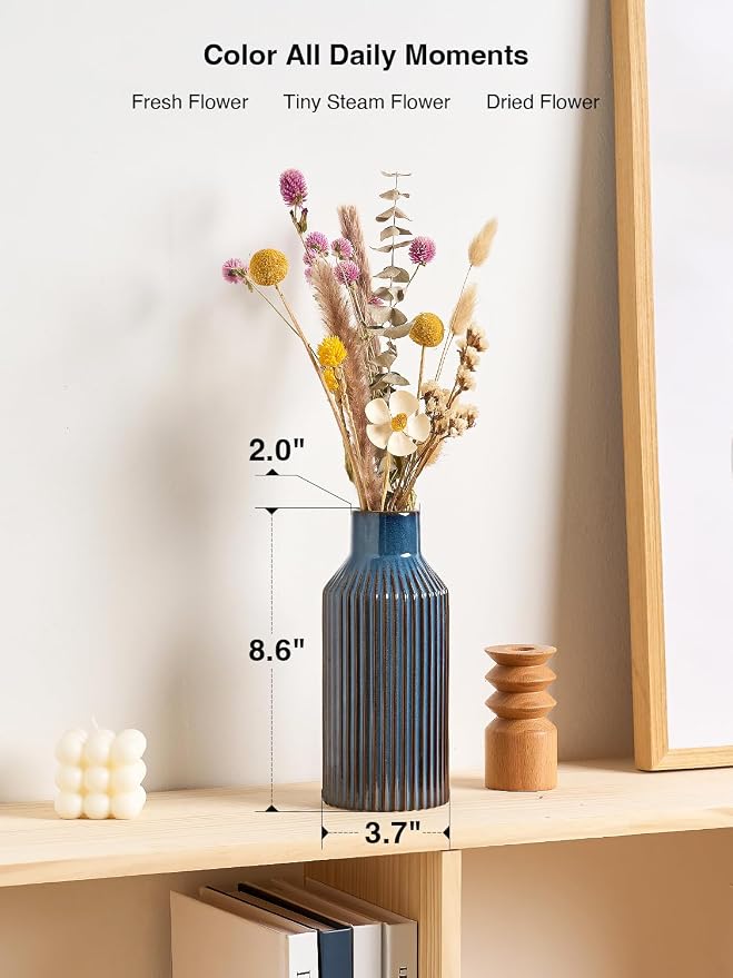 STHIE 8 Inches Ceramic Flower Vase, Blue Vases for Centerpieces | Flambé Reactive Glaze,Minimalist Modern Home Decor, Pampas Grass Vase for Table, Fireplace, Shelf, Mantel, Entryway