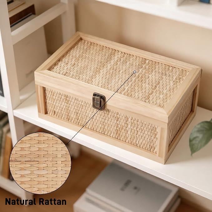 Keepsake Box with lids, Rattan Decorative Boxes, Boho Rustic Farmhouse Decorative Box, Memory Box for Keepsakes, Stackable Decorative Box for Shelf & Home Decor
