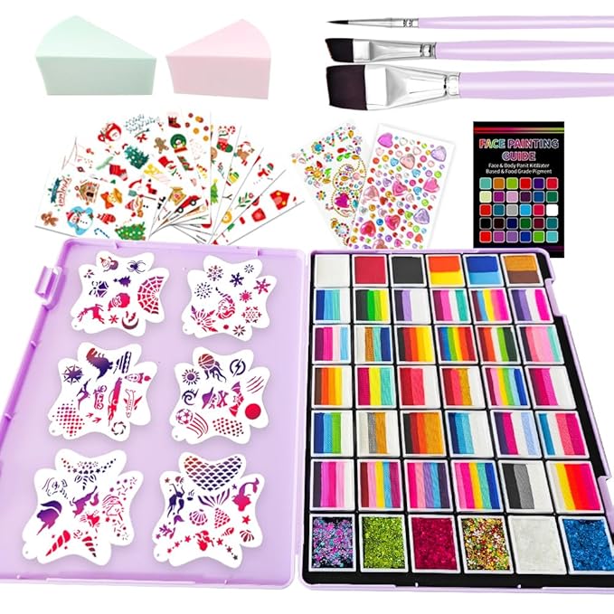 146 Colors Professional Face Painting Kit for Kids & Adults, Non Toxic Water Based Split Cake Face Paint Palette 36 x 10gm + 6 Sequins Gels,One Stroke Rainbow Body Paint Set for Halloween & Christmas