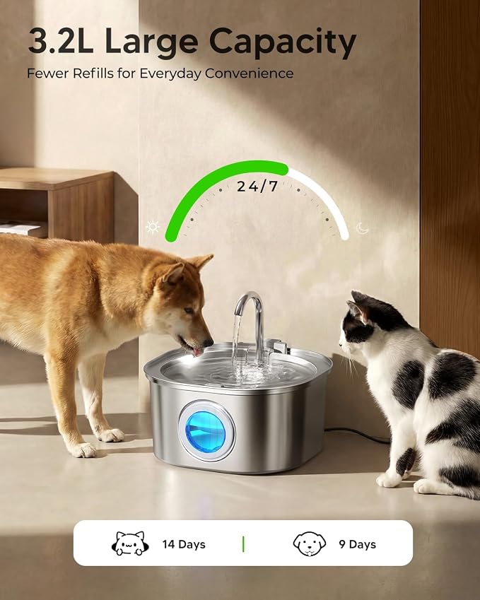 PEKTACO Stainless Steel Cat Water Fountain, 3.2L/108oz with 3 Filters | Cat water dispenser, dishwasher safe, with triple filtration, quiet pump, and visible water window for cats and small pets