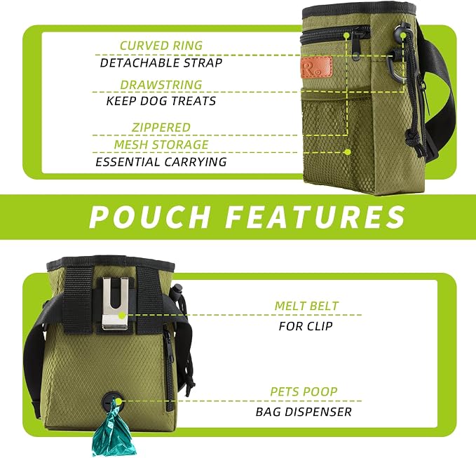 Dog Treat Training Pouch with Built-in Poop Bag Dispenser, Army Green | Easily Carries Pet Toys, Kibble, Treats, 3 Ways to Wear, Foldable Silicone Bowl, Quick One-Hand Access for Dog Walks & Hiking