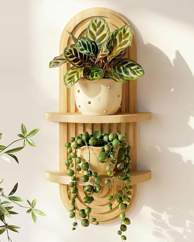 Bamworld Boho Wall Decor Plant Wall Shelf Mid Century Modern Decor Hanging 22in Plant Shelf 2-Tier Wooden Floating Shelves Natural | Mid Century Modern Decor Hanging Plant Shelf Wooden Floating Shelves for Home Bedroom Living Room Holding Planter Decor...