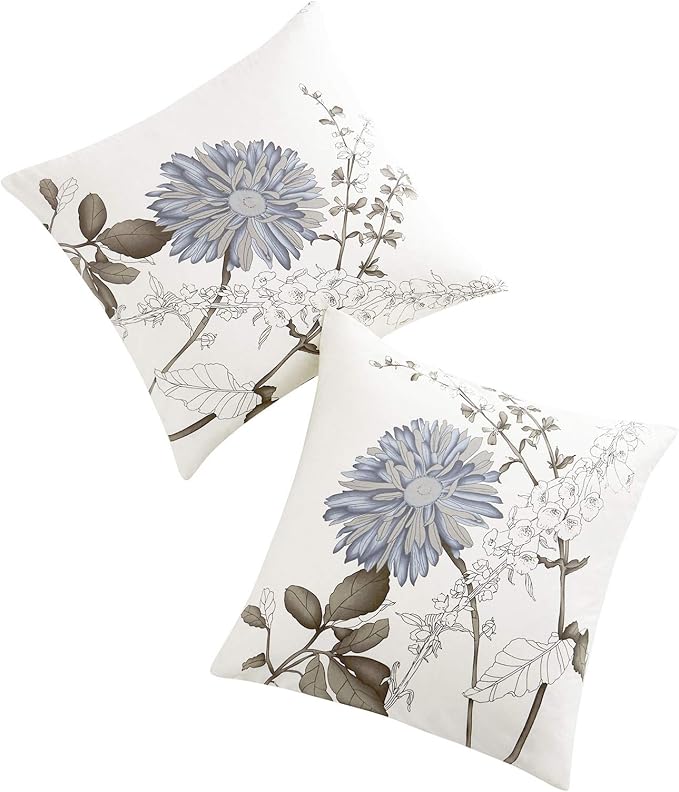 Wake In Cloud - Floral Pillow Cases, 100% Cotton Fabric, Vintage Flower Shabby Chic Farmhouse Botanical, Set of 2 Pillowcases Pillow Shams Covers, Gray Beige, European Size 26x26 Inches