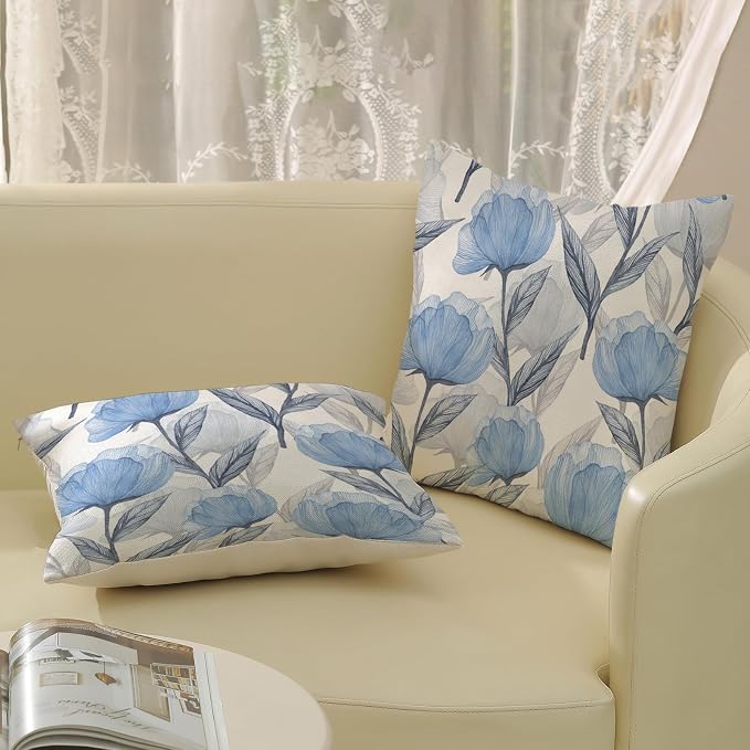 Floral Pillow Covers 18x18 Inches Set of 2,Watercolor Blue Flower Throw Pillow Covers Outdoor Spring Summer Flower Decoration Pillowcase Farmhouse Decorative Square Cushion Cover For Home Sofa