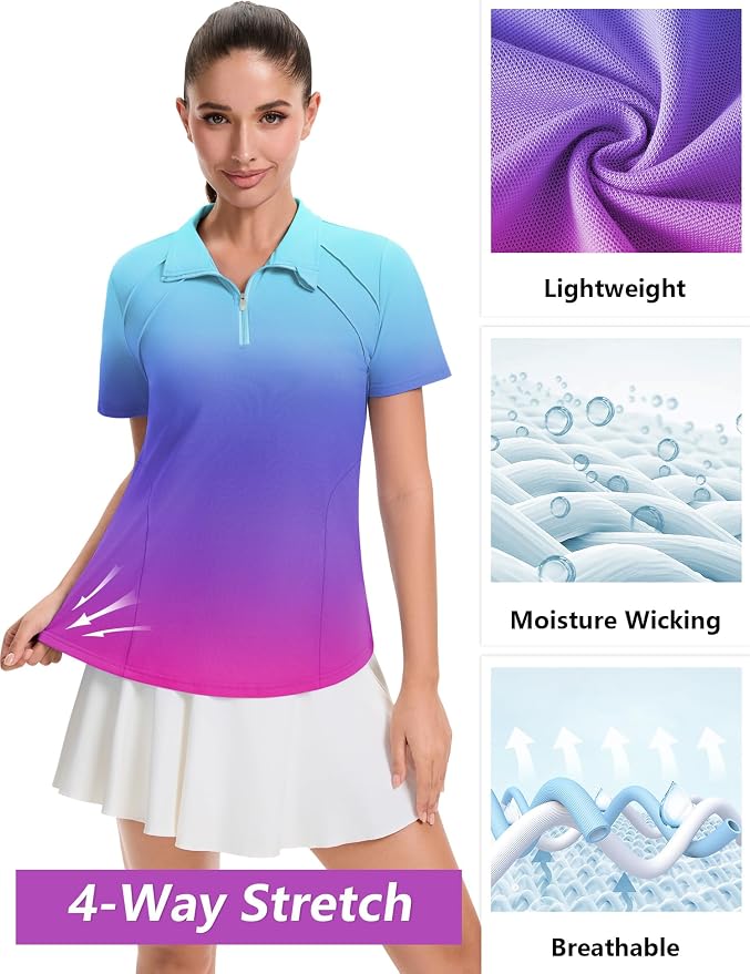 LOMON Womens Golf Polo Shirt Summer Short Sleeve Quarter Zip Outfit | Side-Pockets,Princess Seams,Cotton,Wrinkle Free,Moisture Wicking,Quick-Dry,Lightweight,Collared,for Tennis Workout