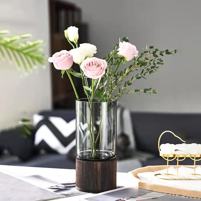 10" Wood Glass Vase | Wooden Base, Cylindrical, Flower Vase