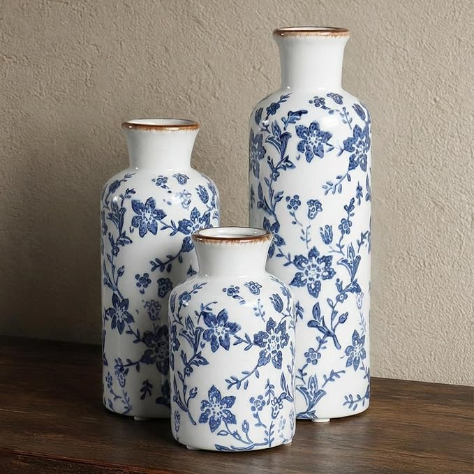 Blue and White Ceramic Vase Set of 3, Vintage Floral Vases for Home Decor | Crackle glaze and distressed rims for living room, mantel and table centerpieces