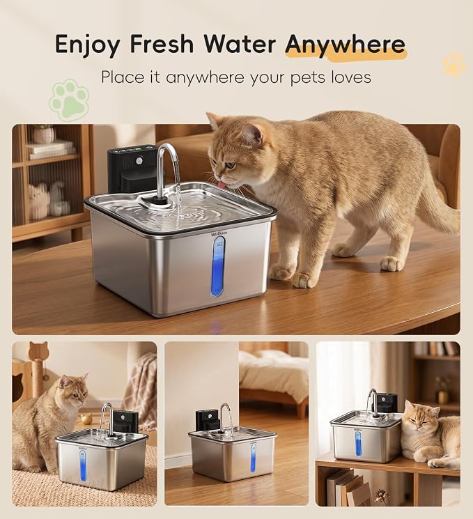 Cat Water Fountain Stainless Steel, 135oz/4L Cordless Pet Fountain for Cat | With 3 Pack Filters; Water & Battery Separation；Faucet Design；Wireless；4000mAh Battery