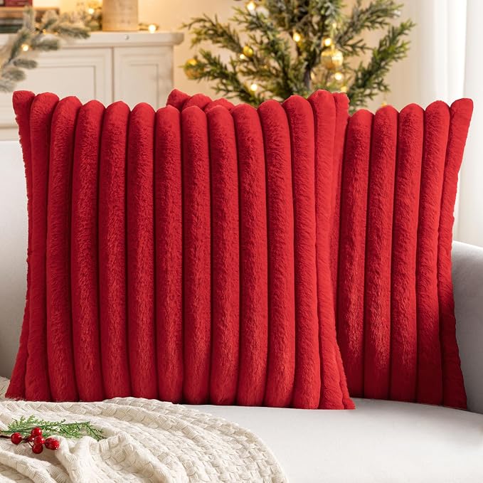 MIULEE Faux Fur Decorative Throw Pillow Covers 20x20 Set of 2 Red | Modern Soft Plush Couch Pillows, Cozy Fluffy Cushion Covers for Sofa Bed Living Room Home Decor