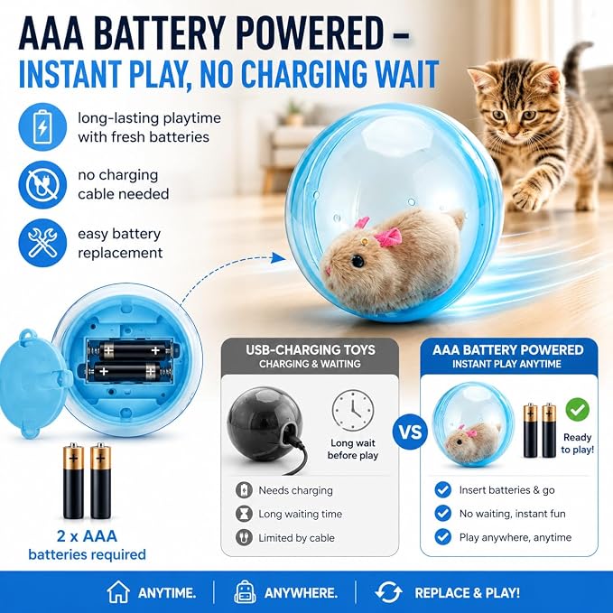 Self-Rolling Interactive Cat Ball, 2026 Realistic Animal Rolling Cat Ball 360° Spin Moving for Cats Dogs Chasing (Blue)
