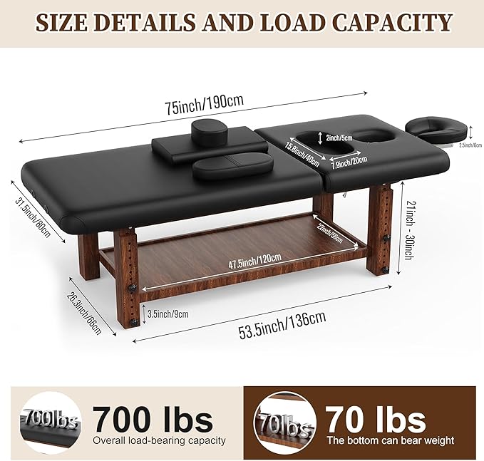 Olela Wood Adjustable Massage Table, Stationary Massage Tables with Adjustable Height Legs & Storage, Esthetician Bed with C-Shaped Pillow & PU Leather for Spa, Massage, Physical Therapy, Treatment