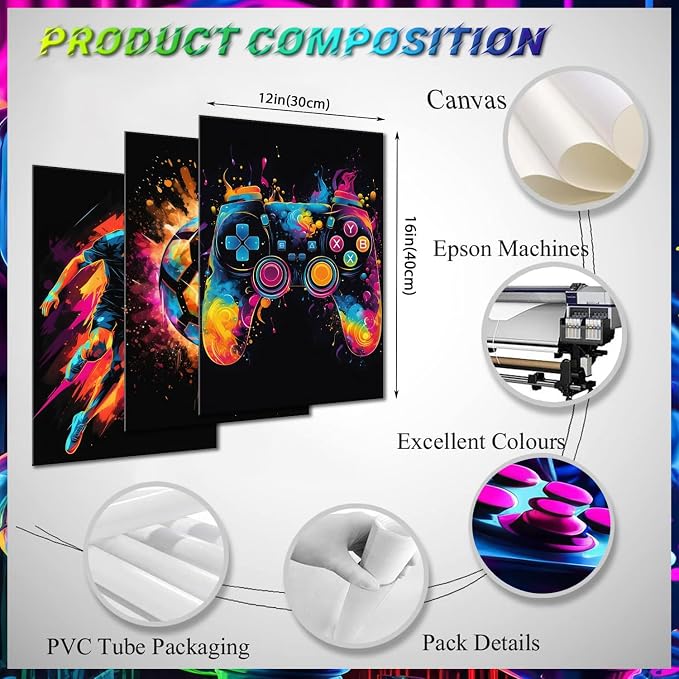 BGFCE Canvas Wall Art Poster Decor, Paintings Art Game Controller Color Splash Ink Canvas Painting, Posters for Room Aesthetic, Soccer Wall Art for Boys Room Decor 12x16 - Unframed Set of 3