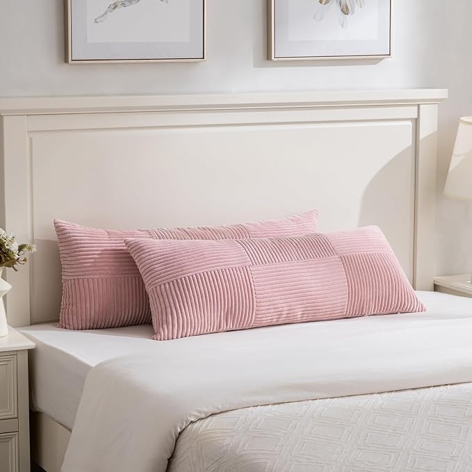 Fancy Homi Set of 1 Blush Pink Boho Long Lumbar Body Decorative Throw Pillow Cover 21x54 Inch for Bed Couch Bedroom Bench, Soft Patchwork Corduroy Textured Pillow Case, Rustic Farmhouse Room Decor