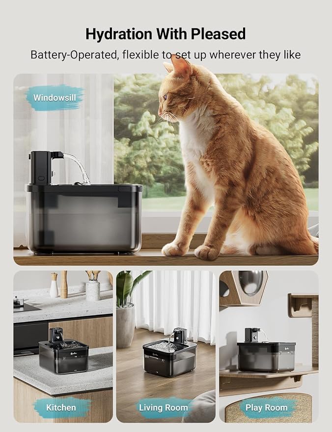DownyPaws Cat Water Fountain Cordless, Pet Fountain, Black, 6 Filters | Wireless Cat Drinking Water Fountains for Cats Indoor, Fursink , Battery Operated, Motion Sensor, Ultra Quiet Pump, BPA-Free