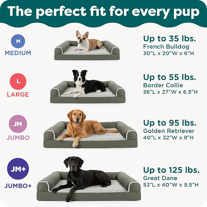 Furhaven Cooling Gel Dog Bed for Large Dogs w/ Removable Bolsters & Washable Cover, For Dogs Up to 95 lbs - Plush & Suede Sofa - Almondine, Jumbo/XL