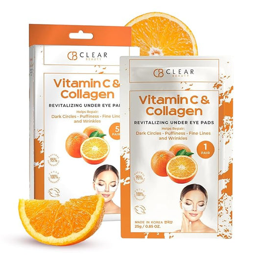Clear Beauty Vitamin C & Collagen Under Eye Patches – Reduces Dark Circles, Puffiness & Fine Lines – Hydrating & Firming Eye Pads – Dermatologist Tested, Korean Skin Care, Vegan Clean Beauty – 5 Pairs
