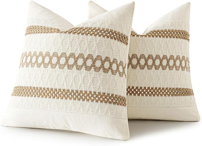 MIULEE Set of 2 Neutral Boho Decorative Pillow Covers 20x20 Inch | Farmhouse Couch Throw Pillows, Modern Spring Cotton Cushion Covers, Macrame Woven Home Decor for Bed Sofa Chair