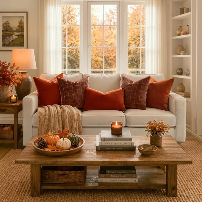 MIULEE Fall Burnt Orange Plaid Euro Throw Pillow Covers 24x24 Set of 2 | Vintage, Check Chenille Couch Pillows, Neutral Boho Farmhouse Cushion Covers, Modern Home Decor for Sofa Bed Living Room