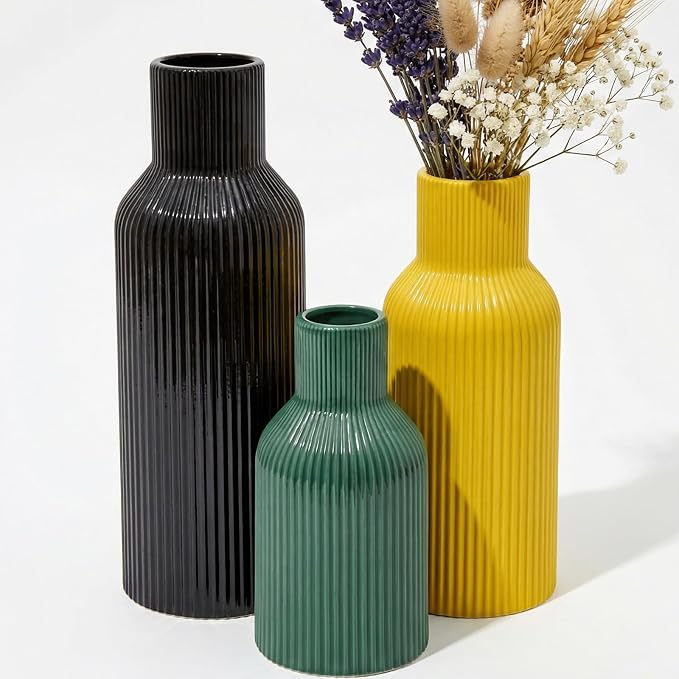 Colorful Ceramic Vases Set of 3,Smooth Vertical Ribbed, Minimalist for Pampas Dried & Fresh Flowers, Centerpiece for Living Room, Shelf, Entryway, Wedding (Black, Deep Green,Yellow)
