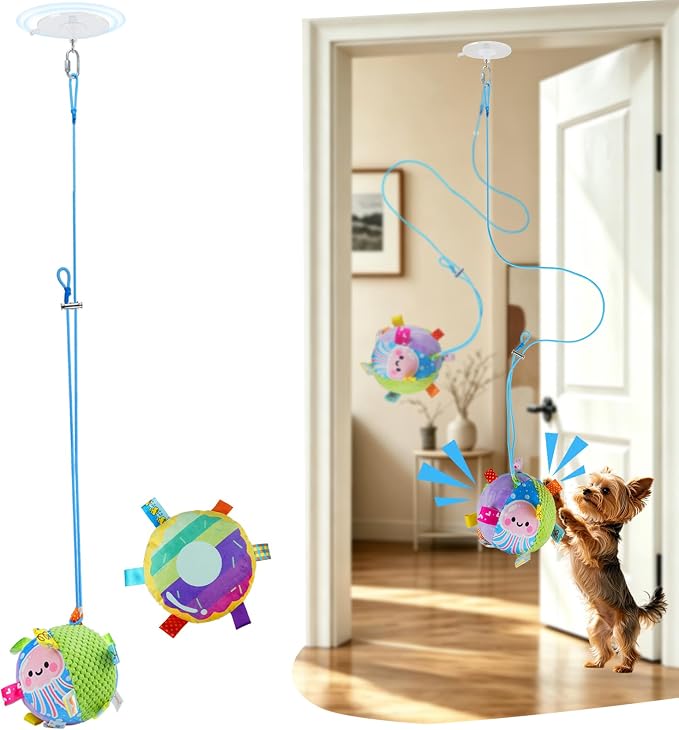 Colorful Squeaky Hanging Dog Toy with Suction Cup for Small Dogs | Bungee Tether, Crinkle Bell Ball, Bouncing Self-Play Toy, Door Frame Mounted, Interactive Fetch for Puppy Teething & Exercise