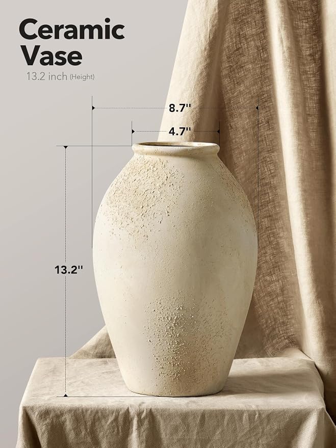 LE TAUCI Ceramic Flower Vase, 13.2 Inch Large Rustic Farmhouse Vase, Tall Floor Vase for Home Decor, Living Room Table & Mantel Centerpiece, Watertight & Sturdy, Matte Sandy Beige White