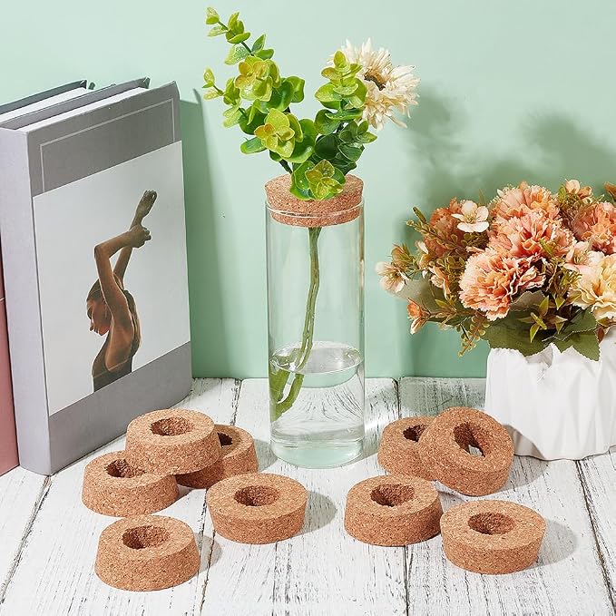 OLYCRAFT 10Pcs Cork Lids with Center Hole 2.3-2.5 Inch Plant Corks | 1.2 Inch Hole Cork Stoppers for Glass Planter, Vase Lids Cork Replacement for Hydroponics Plant Growing Vases - 0.8 In Thick