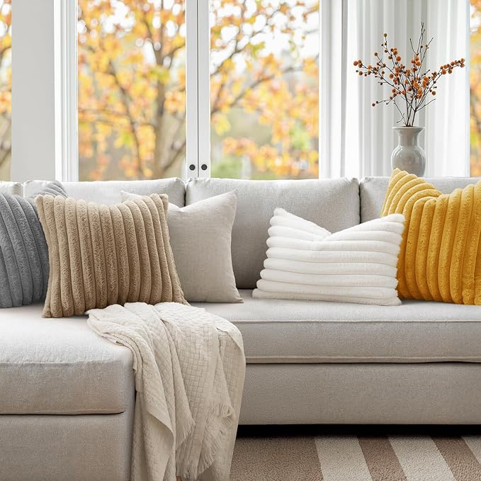 MIULEE Faux Fur Decorative Throw Pillow Covers 20x20 Set of 2 Khaki | Modern Fall Soft Plush Couch Pillows, Cozy Fluffy Cushion Covers for Sofa Bed Living Room Home Decor