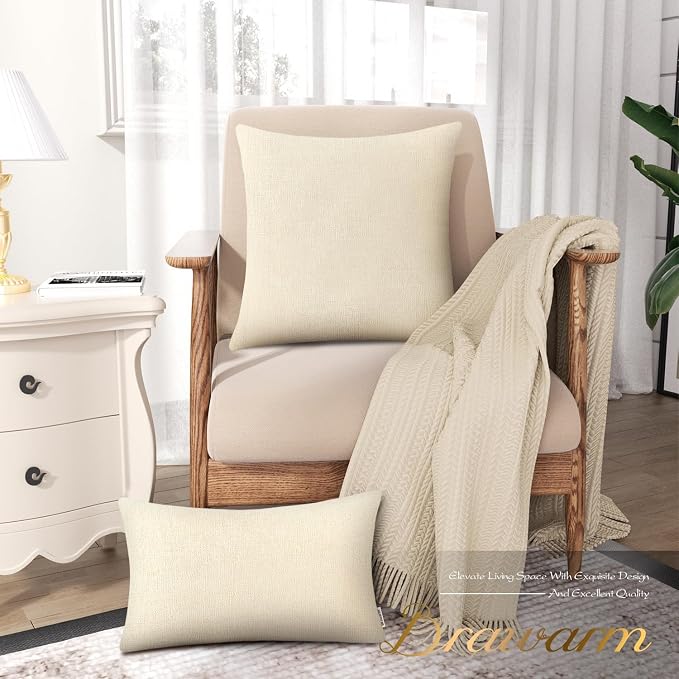 BRAWARM Throw Pillow Covers 12x20 Inches - Cream Chenille Lumbar Pillow Covers Pack of 2, Solid Dyed Soft Chenille Pillow Cases for Couch Sofa Bed Home Decoration