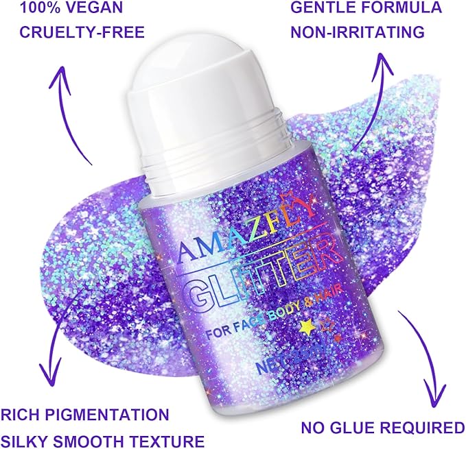 Roll-on Holographic Body Glitter Gel for Face and Hair, Chameleon Color Changing Glitter Gel Under Light, Chunky Mermaid Sequins Festival Party Rave Accessories Body Shimmer Makeup (Purple)