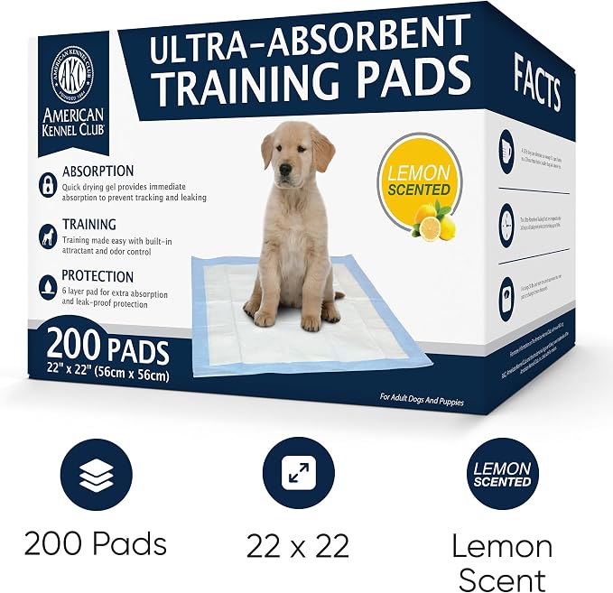 AKC Puppy Training Pads, 22" x 22", Lemon Scented, 200 Count | Scented dog pee pads help control odors with ultra absorbent quick-dry gel, leakproof layers and potty training protection.